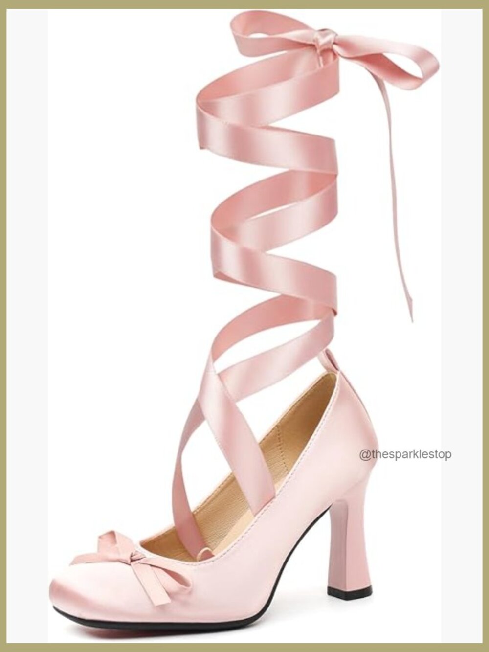 Satin Ballet Heels Bow Pumps Lace Up Chunky Block High Heeled Square Toe Party